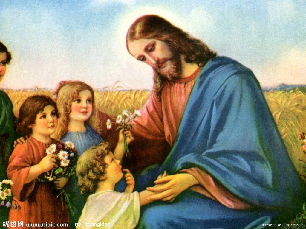 仁慈的耶稣和两个孩子解释手绘插图图片_其他_海报-图行天下素材网